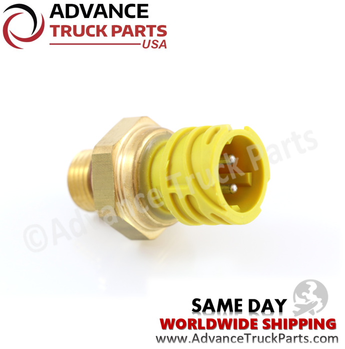 Advance Truck Parts USA branded studio horizontal perspective showcasing the heavy-duty Volvo crankcase pressure sensor highlighting the threaded brass base and yellow 4-pin connection port for commercial trucks