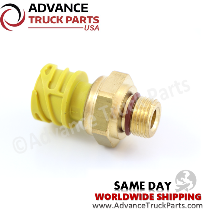 Advance Truck Parts USA branded studio angled perspective displaying the replacement Volvo crankcase pressure sensor featuring the threaded brass port and orange sealing O-ring