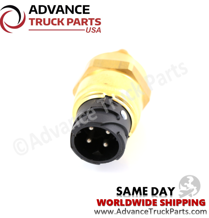 Advance Truck Parts USA branded studio angled top perspective showcasing the heavy-duty engine sensor highlighting the round black 4-pin electrical connector socket and brass housing for Volvo commercial trucks