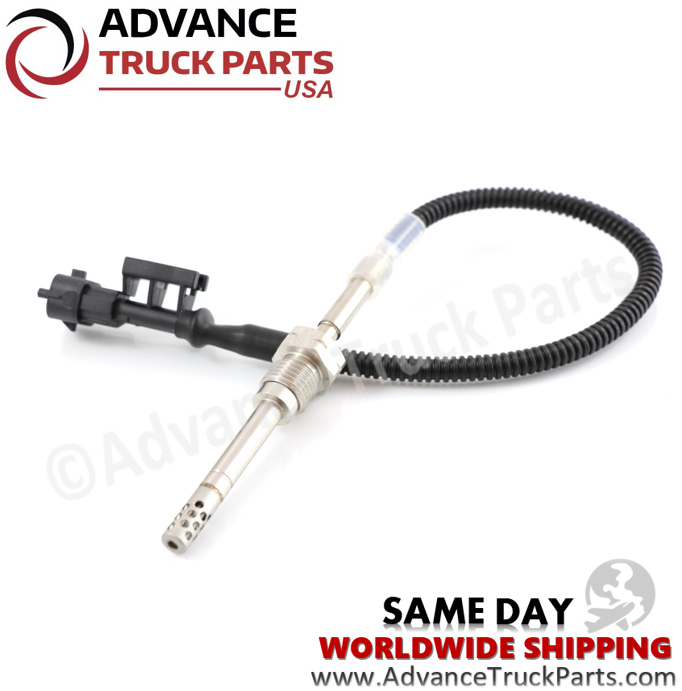 Advance Truck Parts USA Volvo EGR temperature sensor displaying an angled studio perspective of the probe assembly and connector on a branded background