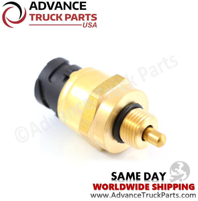 Advance Truck Parts USA branded studio angled perspective highlighting the extended brass sensing tip, threaded port, black protective O-ring, and hex nut base of the commercial truck oil pressure and temperature sensor