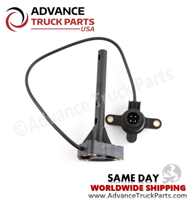 Advance Truck Parts USA branded studio top down perspective showcasing the long black probe, mounting base, cable, and 4-pin connector of the heavy-duty oil level and temperature sensor for Volvo, Mack, and Renault commercial trucks