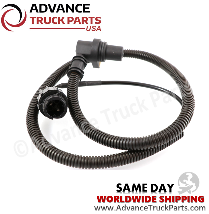 Advance Truck Parts replacement speed sensor close-up view highlighting the 3-pin connector and protective conduit on a branded background