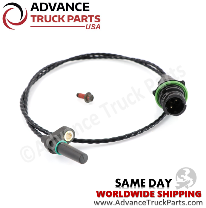 Advance Truck Parts USA branded studio angled perspective showcasing the replacement turbocharger speed sensor highlighting the 2-pin electrical connector socket, green weather seals, sensor tip, and mounting screw for heavy-duty commercial trucks