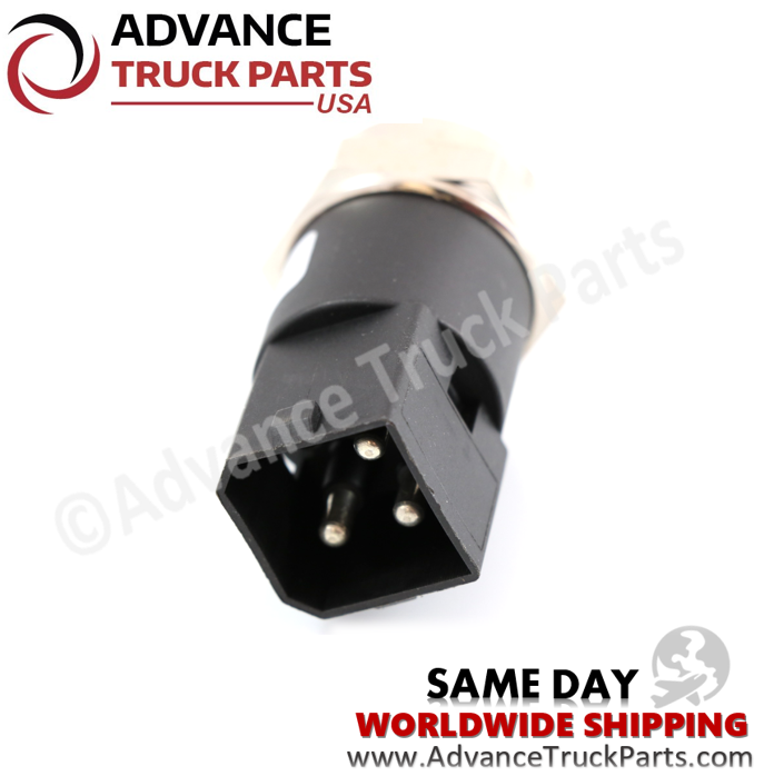 Advance Truck Parts USA Volvo oil pressure sensor showing a close-up studio view of the 3 pin square electrical connector and pins on a branded background