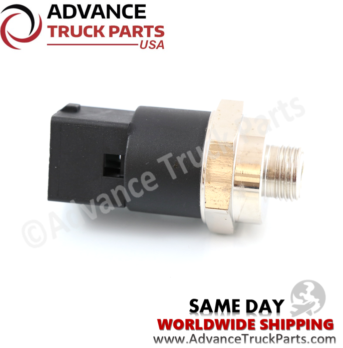 Advance Truck Parts USA Volvo oil pressure sensor showing a side profile view of the threaded port and cylindrical housing on a branded background
