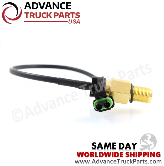 Advance Truck Parts USA Volvo truck speed sensor angled perspective highlighting the weather-sealed connector face, green seal ring, and threaded tip