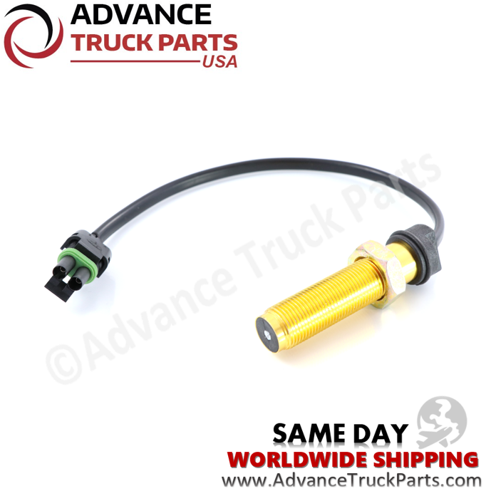 Advance Truck Parts Volvo speed sensor showcasing an angled studio view highlighting the connector end and magnetic tip on a branded background