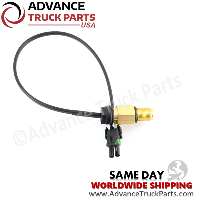 Advance Truck Parts USA Volvo truck speed sensor showing full arc of the durable wire harness routing from the brass threaded base to the sealed connector