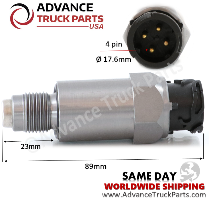 Advance Truck Parts USA Volvo speedometer sensor showing dimensional callouts for length and the 4-pin electrical connector layout on a branded background