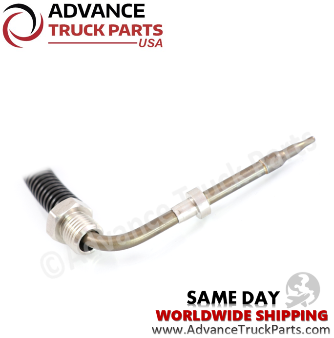 Advance Truck Parts USA Volvo temperature sensor close-up view highlighting the bent metal probe, threaded mounting nut, and sensor tip on a branded background