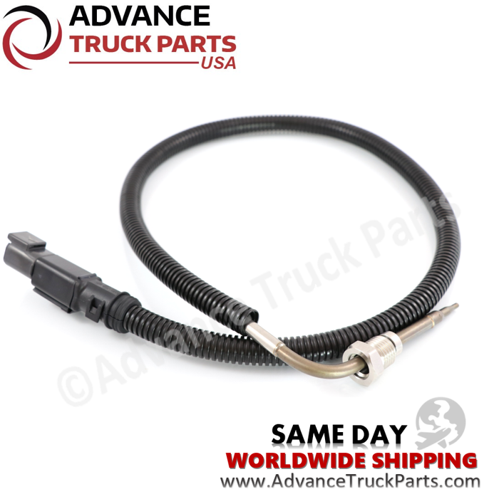 Advance Truck Parts USA Volvo truck temperature sensor displaying a studio perspective of the full wire harness and probe assembly on a branded background