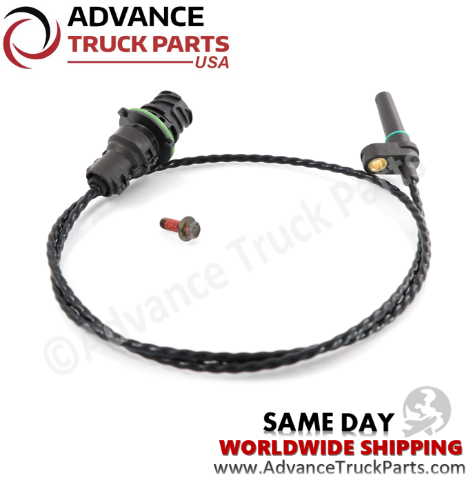 Advance Truck Parts USA Volvo turbocharger speed sensor displaying a studio layout of the complete harnessed sensor assembly and hardware on a branded background