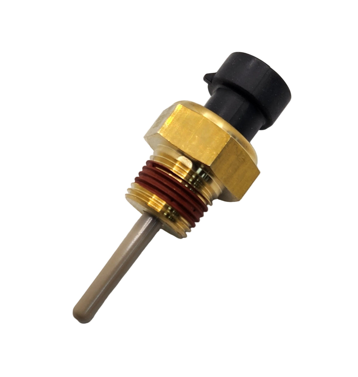 Advance Truck Parts USA W013028 4-terminal coolant level sensor featuring a brass housing, 1/2-14 NPTF threads with red sealant, and a long probe tip 