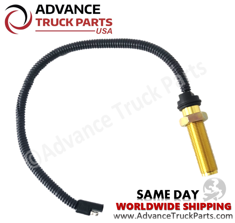 Advance Truck Parts ATP W053036 Kenworth speedometer and tachometer sender featuring a threaded brass probe body, protective conduit loom, and connector 