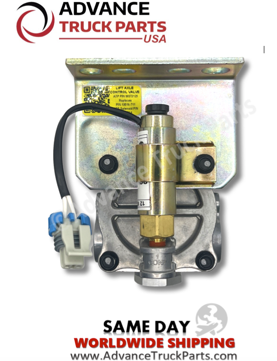 Advance Truck Parts USA W072129 lift axle control valve top-down view showing the electrical solenoid and mounting bracket