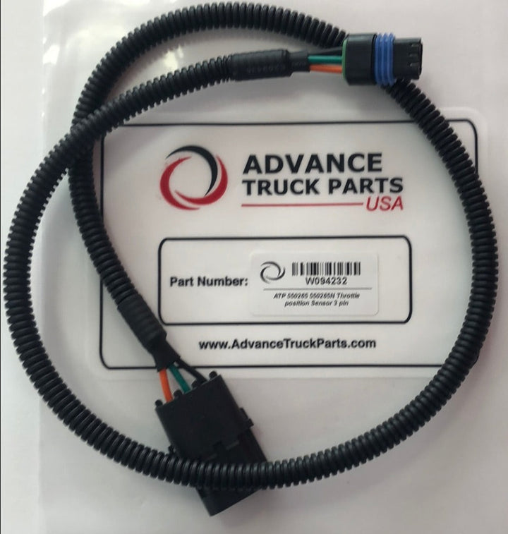Advance Truck Parts USA W094232 3-pin throttle position sensor harness with protective corrugated loom displayed on a branded background