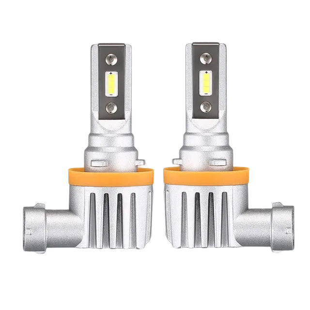 Brightest H11 LED headlight bulb white plug and play pair by WSI Electronics featuring compact fan-less design, orange sealing rings, and integrated connectors on a studio background