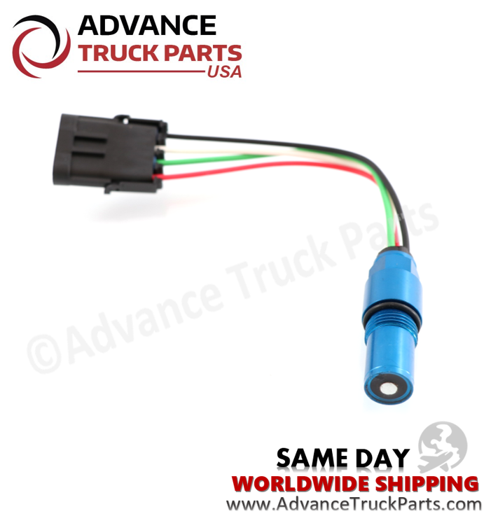 PAI Branded Cummins N14 engine camshaft position sensor showing a studio flat-lay view of the blue sensor body, multi-colored wiring harness, and black connector on a branded background