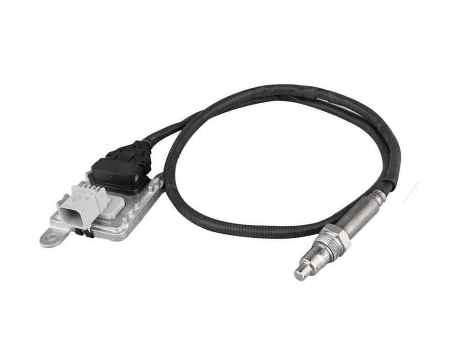 Advance Truck Parts USA DDE EA0101532328 Detroit Diesel nitrogen oxide sensor showing a close-up studio perspective of the electronic control module with a grey connector and threaded exhaust probe