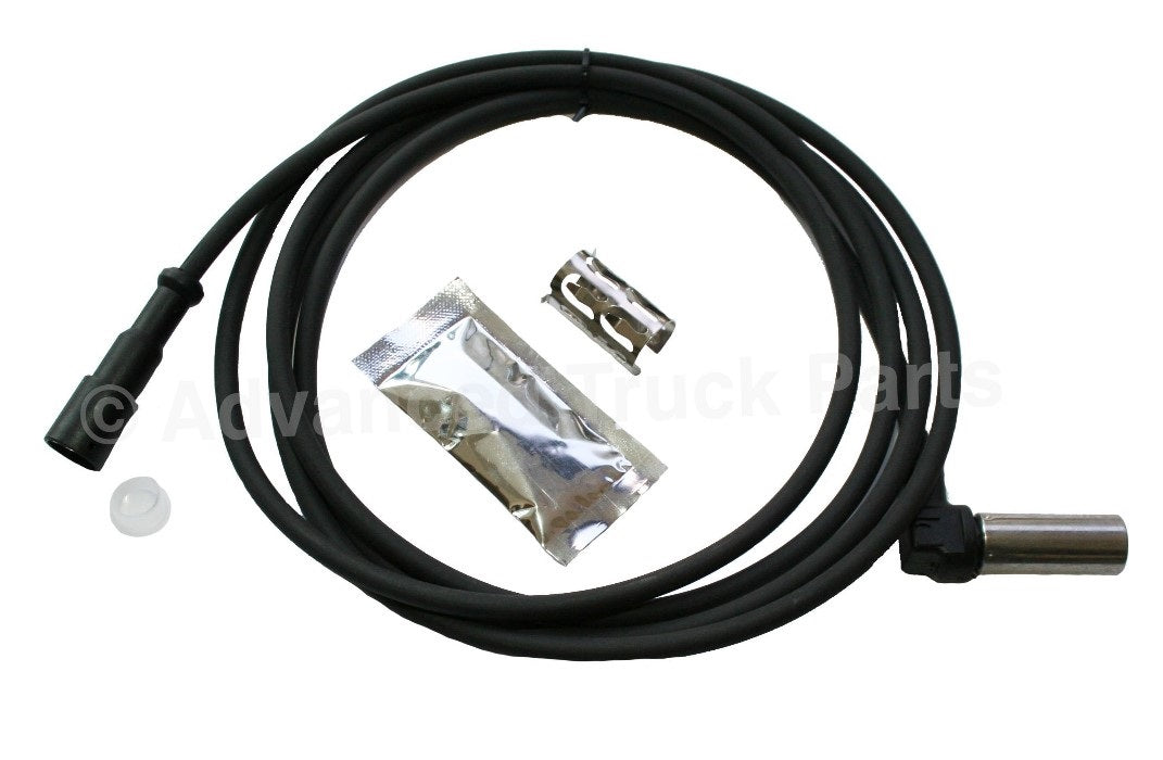 Advance Truck Parts USA HDX-AL364062 98-inch right angle ABS sensor kit showing a clean studio perspective of the right-angle sensor probe, 98-inch wiring harness, retainer clip, and dielectric grease packet 