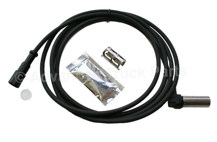 Advance Truck Parts USA HDX-AL364062 98-inch right angle ABS sensor kit showing a clean studio perspective of the right-angle sensor probe, 98-inch wiring harness, retainer clip, and dielectric grease packet 