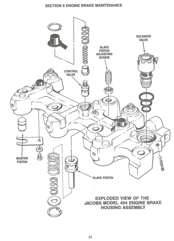 Section 6 engine brake maintenance diagram showing an exploded view of the Jacobs Model 404 engine brake housing assembly, solenoid valve, and slave piston components