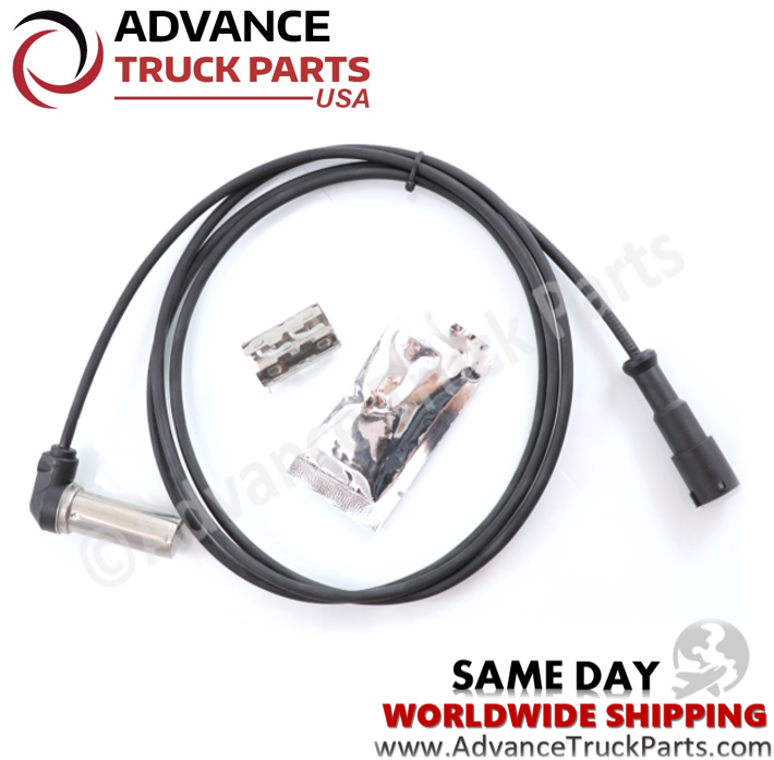 Advance Truck Parts USA R955341 right angle ABS sensor kit showing a clean studio perspective of the sensor probe, wiring harness, dielectric grease packet, and mounting clip