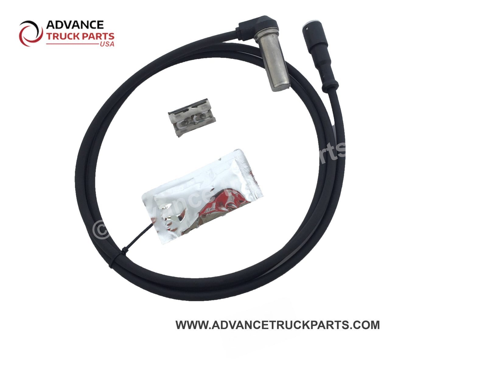 Advance Truck Parts USA right angle ABS sensor kit displaying a studio view of the complete assembly layout