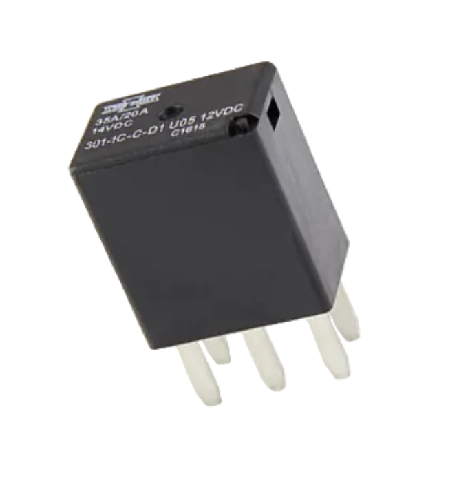 Advance Truck Parts USA 301-1C-C-D1-U05-12VDC Song Chuan 12V SPDT automotive micro relay showing an angled profile of the black rectangular housing, top printed factory specifications, and five metallic connection pins on a plain white background