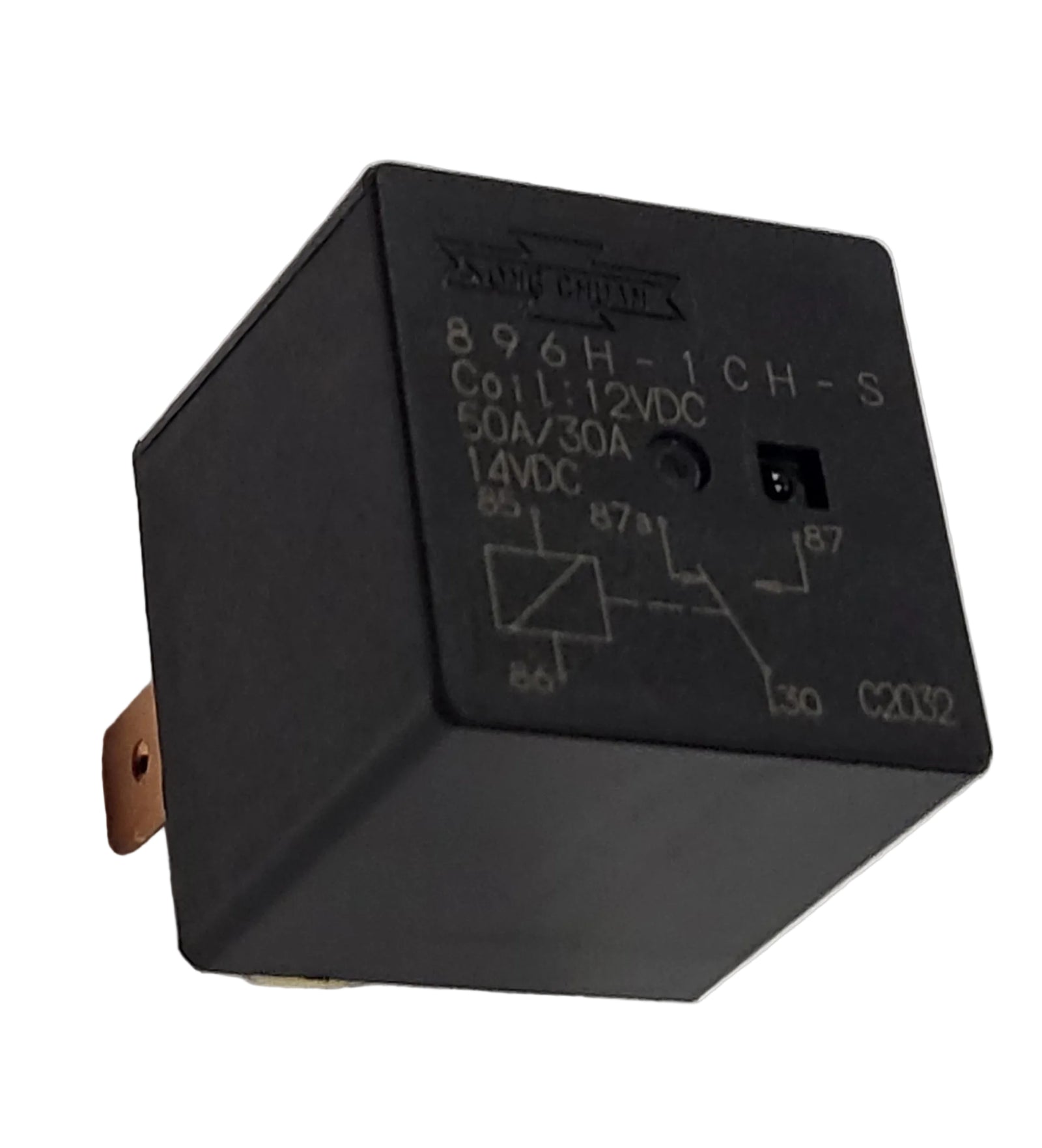 Song Chuan 896H-1CH-S-12VDC automotive relay showing a clean studio perspective of the black housing featuring printed wiring diagrams, specifications, and terminal pins on a plain white background