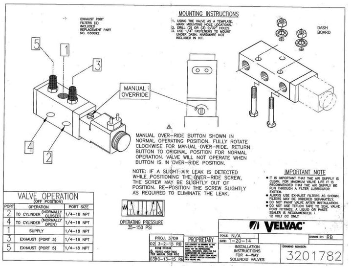 Velvac 320178 4-way air solenoid valve technical mounting and valve operation instruction schematic