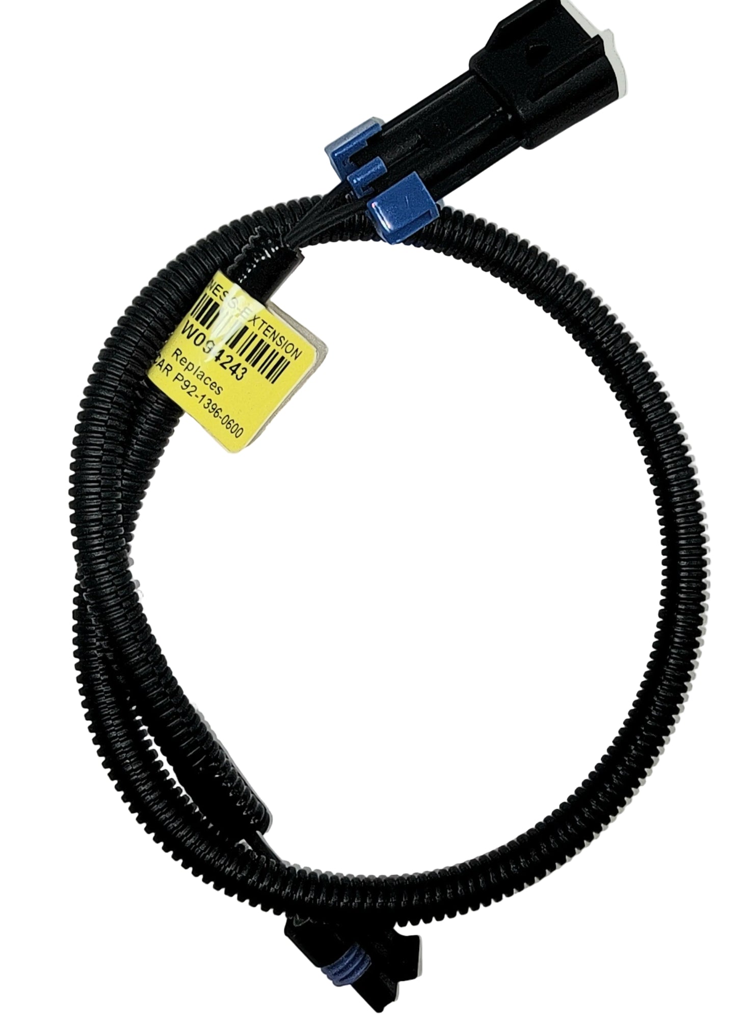 Advance Truck Parts USA W094243 Paccar harness connector showing a clean studio view of the coiled corrugated wire loom, identification tag, and 2-pin connectors on a plain white background