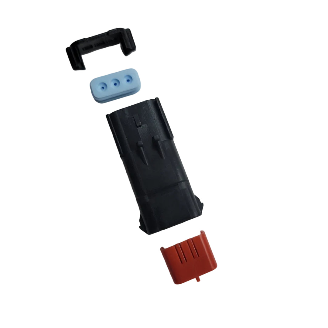 Advance Truck Parts USA W094250 15394689 APEX 2.8 3-way black sealed electrical connector kit showing the black housing body, wire seal, and locking components