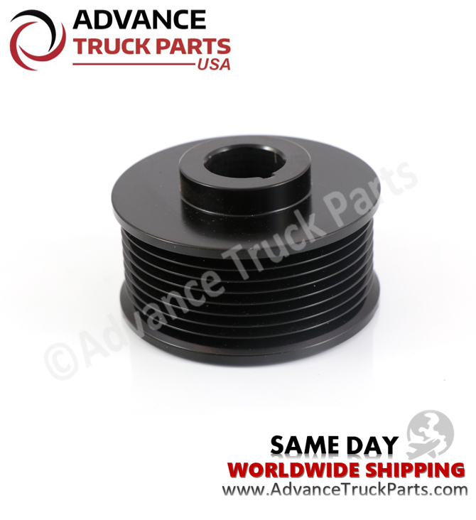 Advance Truck Parts USA WAP7750 76mm 8-groove heavy duty serpentine pulley showcasing the black machined steel construction and rear mounting hub with keyway