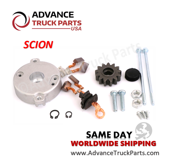 Advance Truck Parts USA WRK1100 Scion PMGR starter repair kit showing a complete flat-lay studio perspective of the back-cover, starter drive gear, brushes, screws, nuts, and snap rings